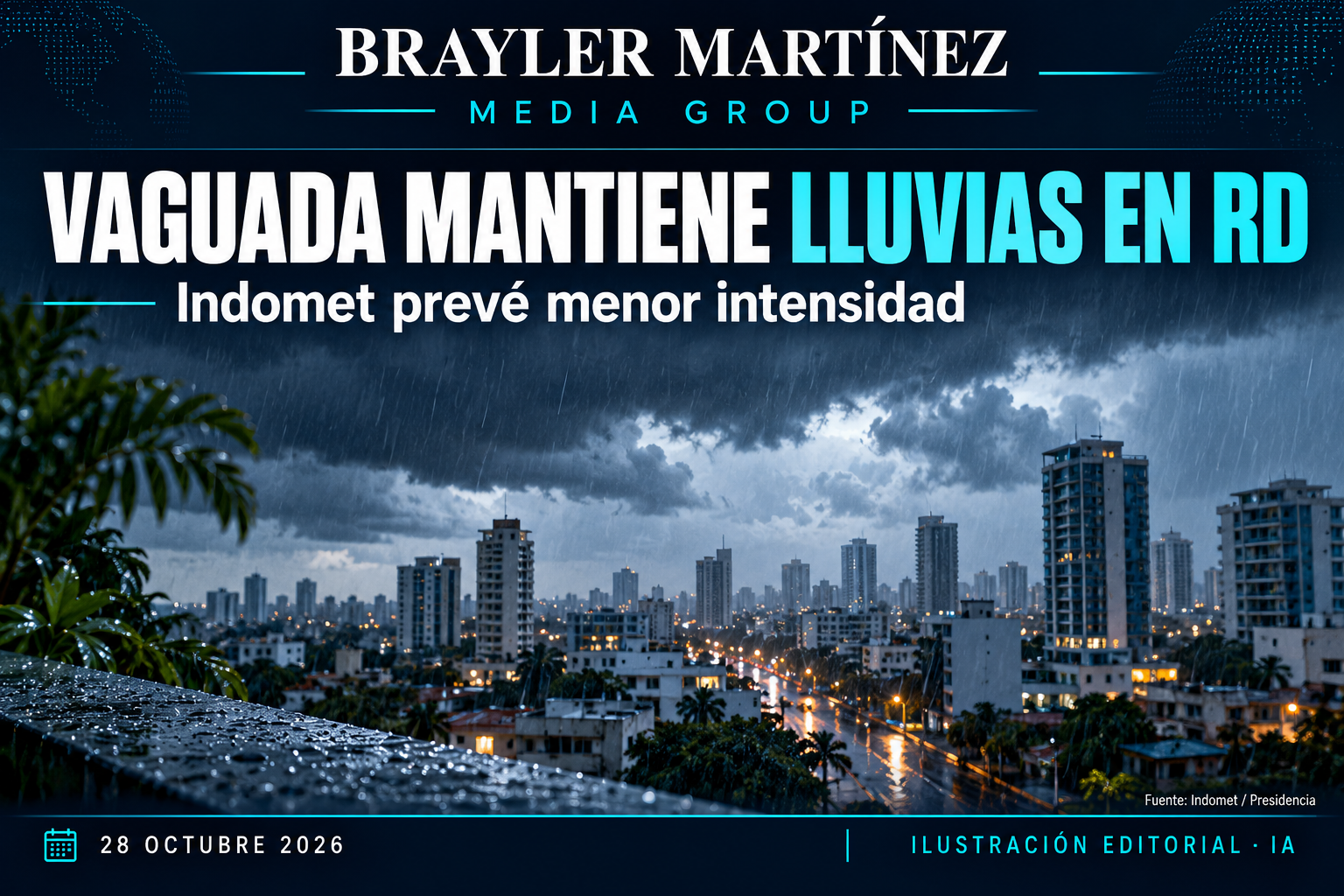 Ilustración editorial de una ciudad bajo lluvia intensa con nubes de tormenta, con el titular «Vaguada mantiene lluvias en RD».