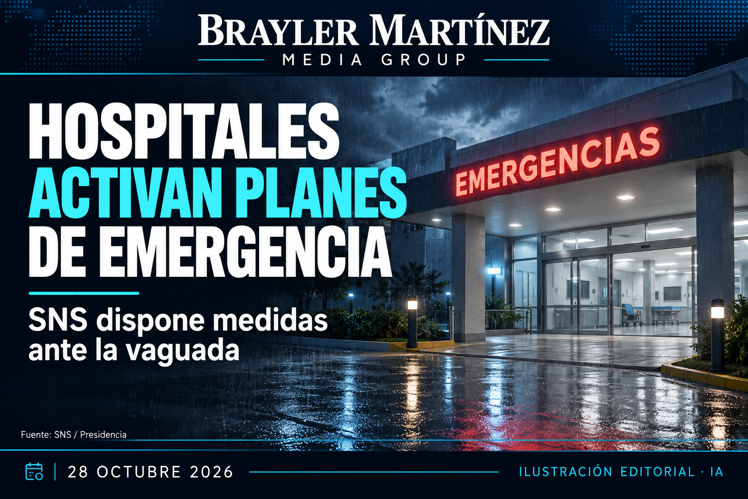 Ilustración editorial de la entrada de emergencias de un hospital durante una noche de lluvia, con el titular «Hospitales activan planes de emergencia».