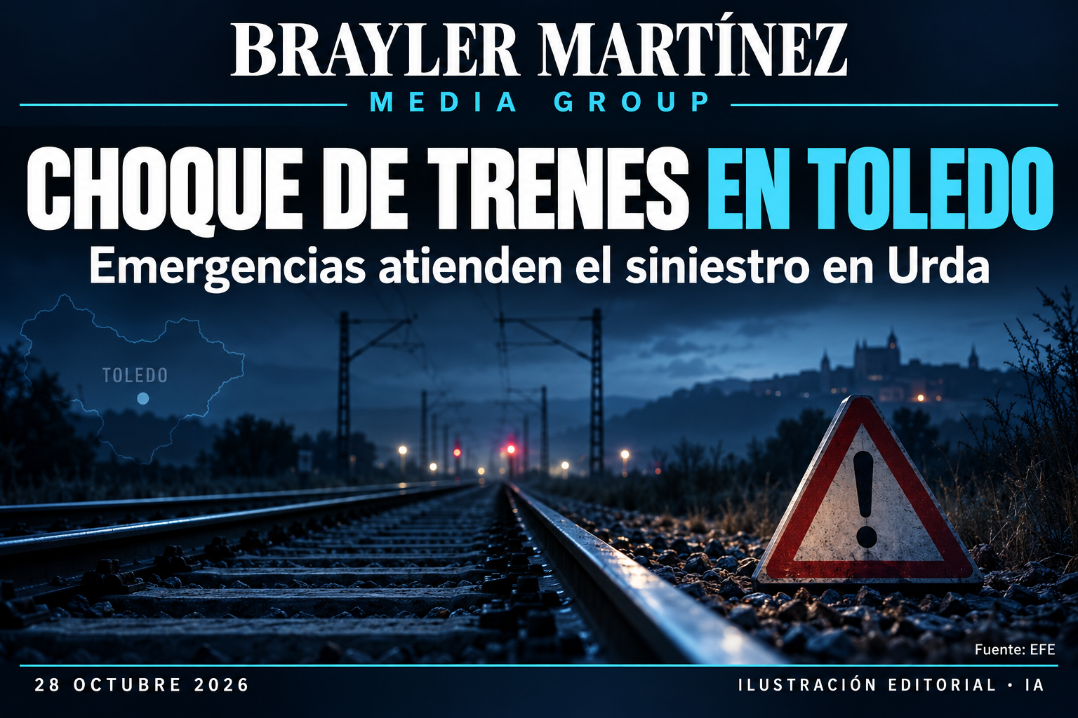 Ilustración simbólica de una vía férrea de noche con una señal de advertencia, con el titular «Choque de trenes en Toledo».