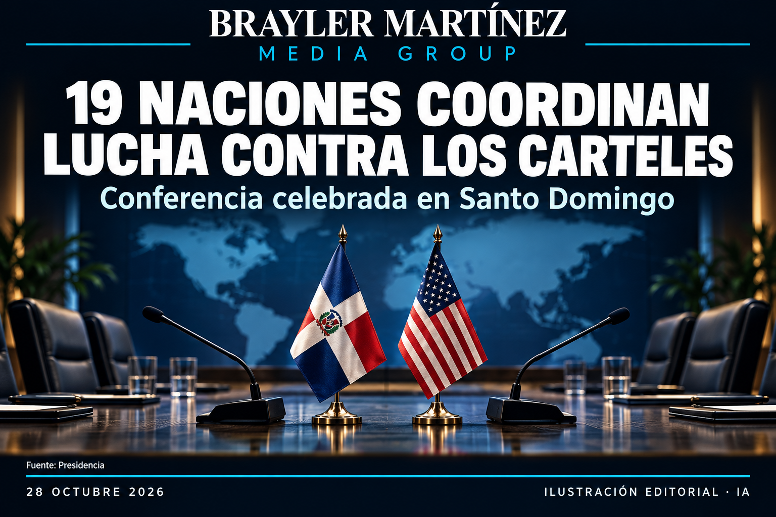 Composición conceptual con las banderas de República Dominicana y Estados Unidos sobre una mesa de conferencias, con el titular «19 naciones coordinan lucha contra los carteles».