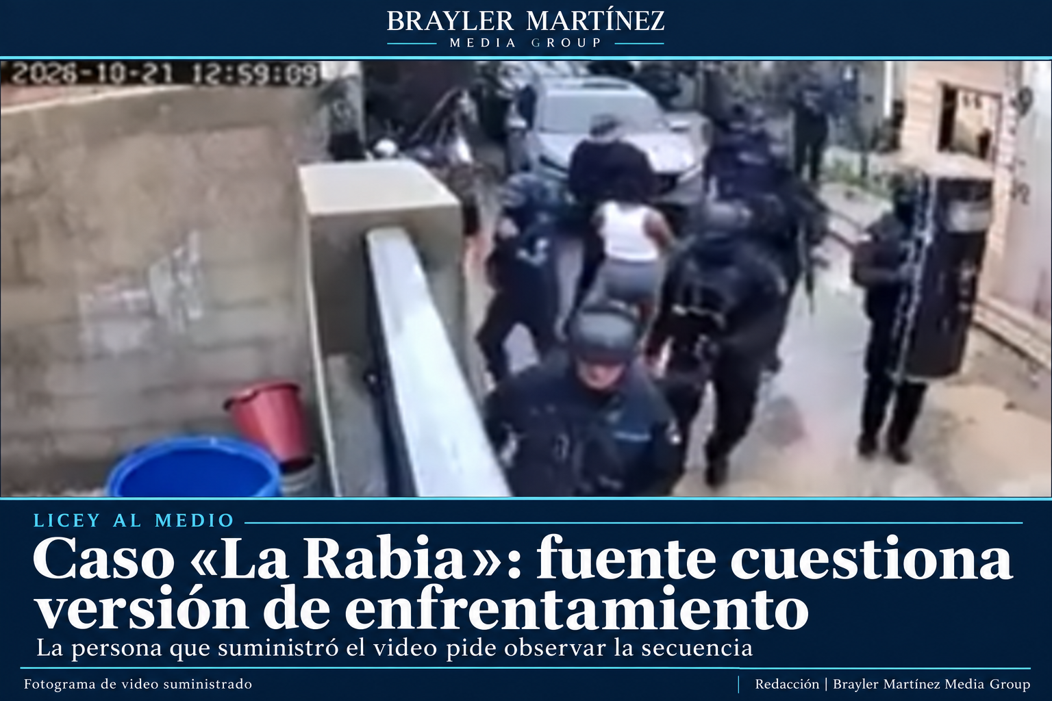 Montaje suministrado: fotograma de una intervención policial y titular sobre las dudas de la fuente en el caso La Rabia.