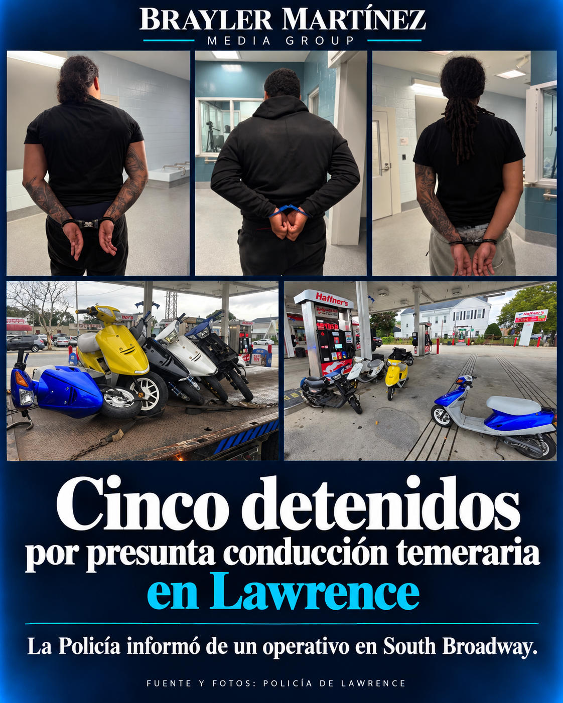 Personas detenidas y motonetas incautadas durante el operativo policial en South Broadway, Lawrence