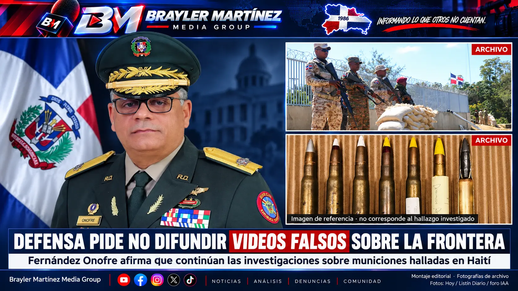 Montaje editorial con el ministro Carlos Antonio Fernández Onofre, militares y municiones de archivo; las municiones son de referencia y no corresponden al hallazgo investigado.
